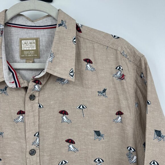 Point Zero Linen Button Shirt Men's Large beach chair umbrella Hawaiian Short Sl - Picture 2 of 11